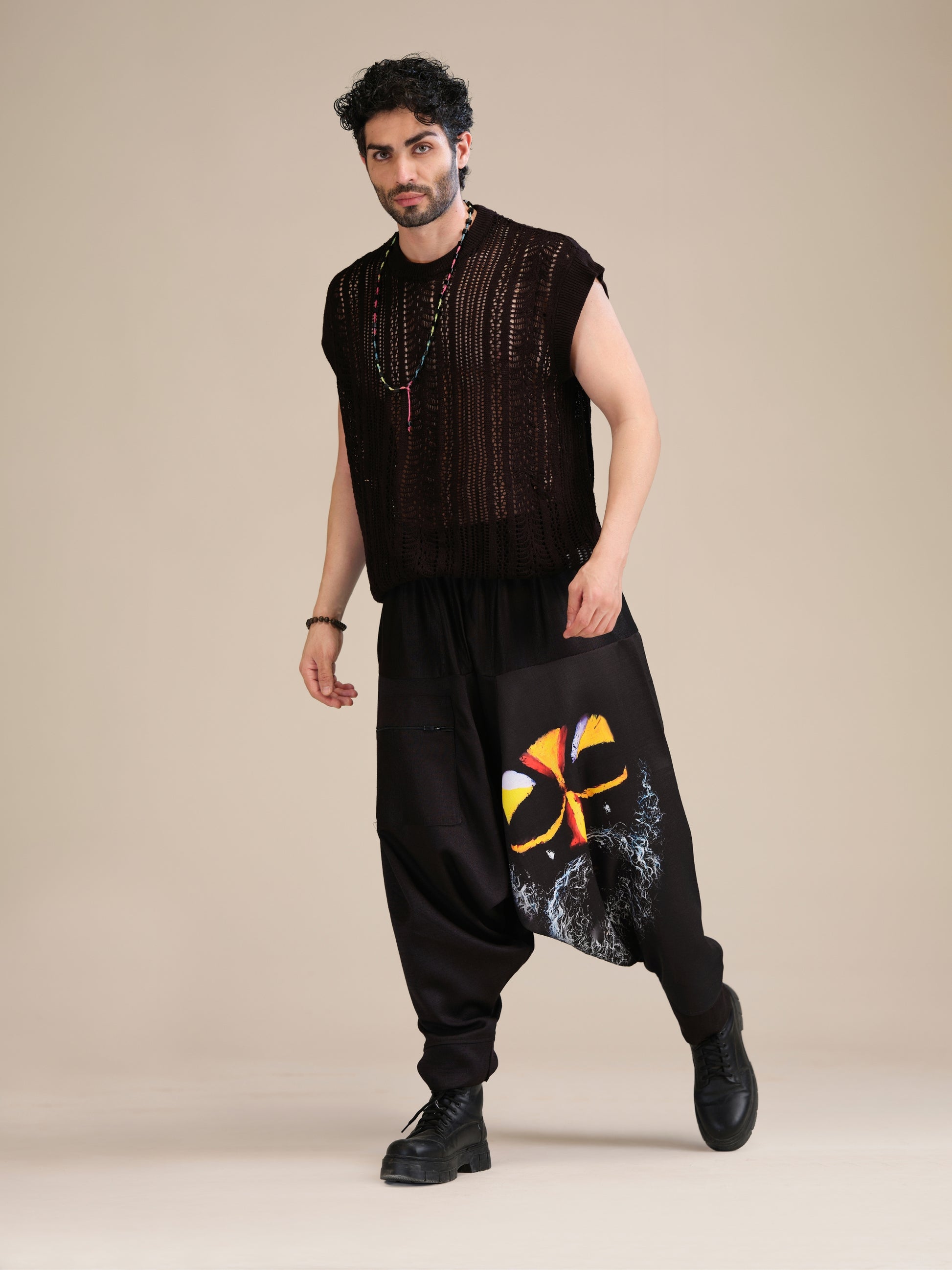 Enimane Men's Black Drop Crotch Harem Pants – Full Length