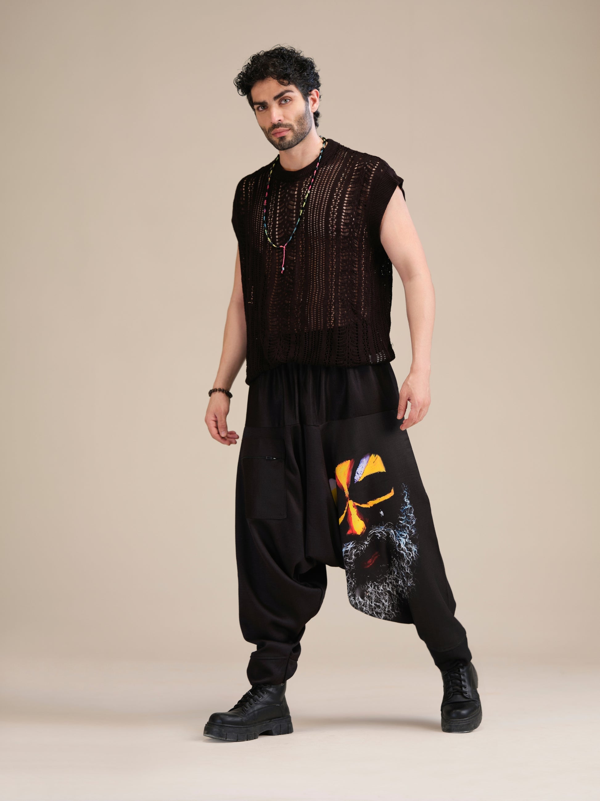 Enimane Aghori Print Black Harem Pants – Standing Front View