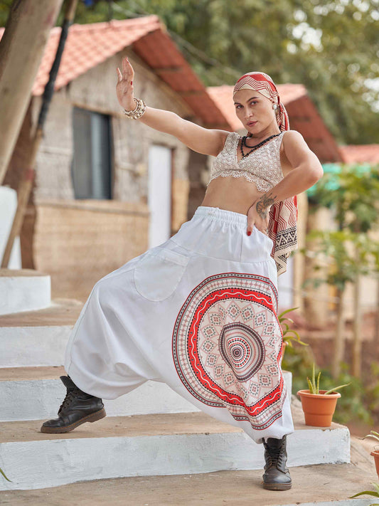 Buy Women's White Mandala Dhoti Baggy Harem For Dance Yoga Travel