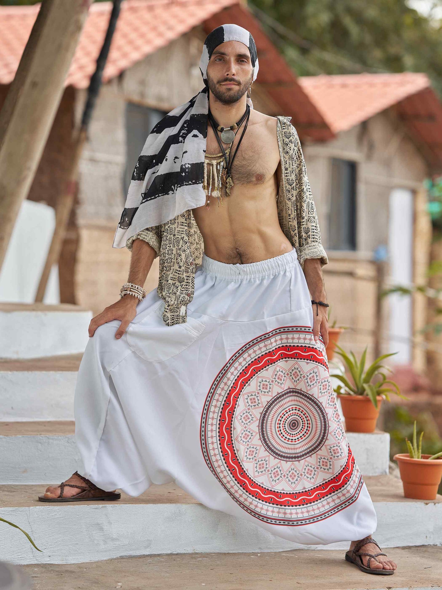 Buy Men's White Mandala Dhoti Baggy Harem For Dance Yoga Travel