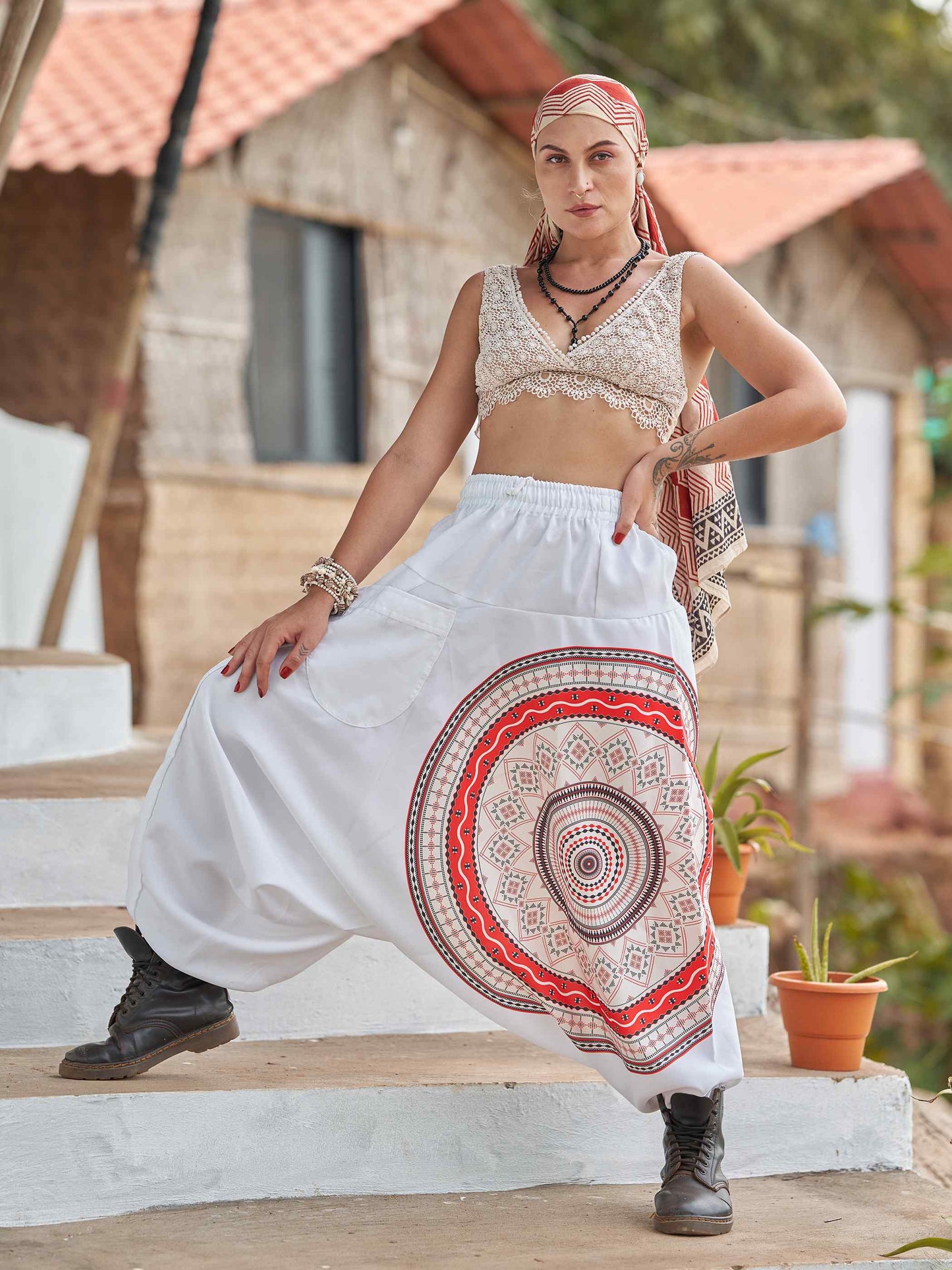 Buy Women's White Mandala Dhoti Baggy Harem For Dance Yoga Travel