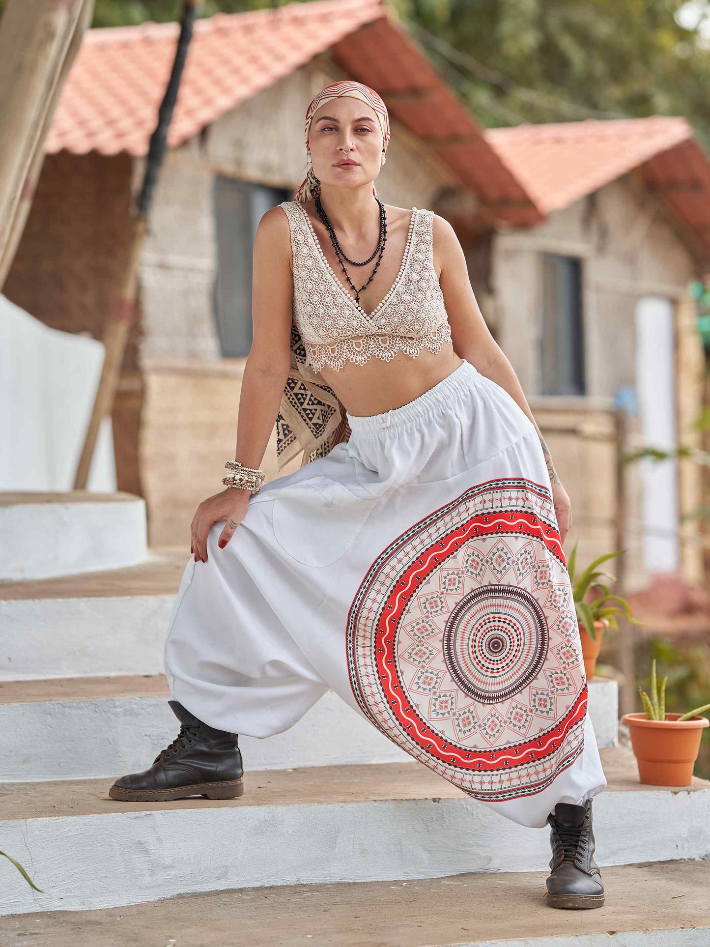 Buy Women's White Mandala Dhoti Baggy Harem For Dance Yoga Travel