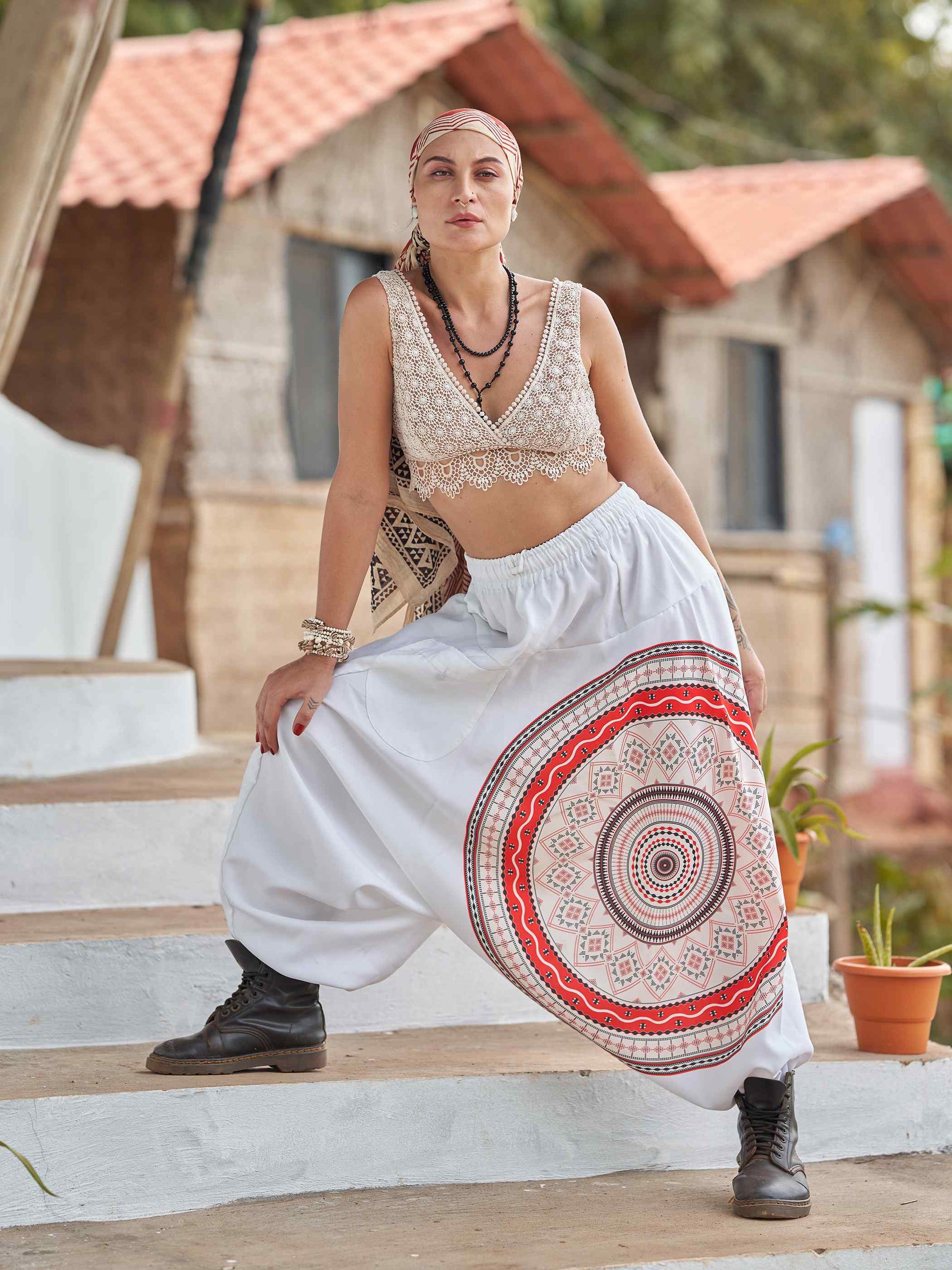 Buy Women's White Mandala Dhoti Baggy Harem For Dance Yoga Travel