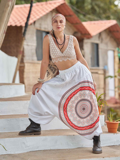 Buy Women's White Mandala Dhoti Baggy Harem For Dance Yoga Travel