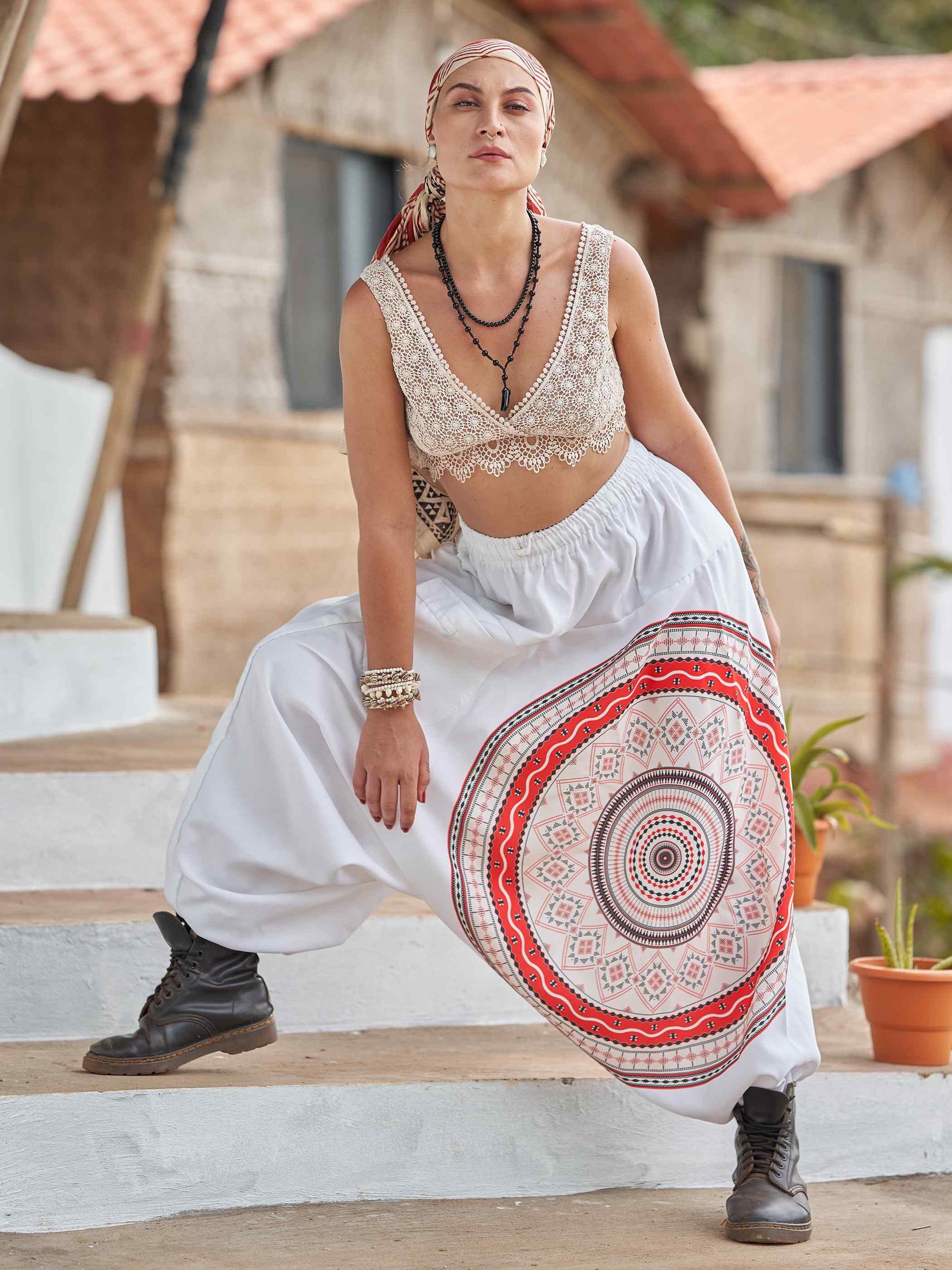 Buy Women's White Mandala Dhoti Baggy Harem For Dance Yoga Travel