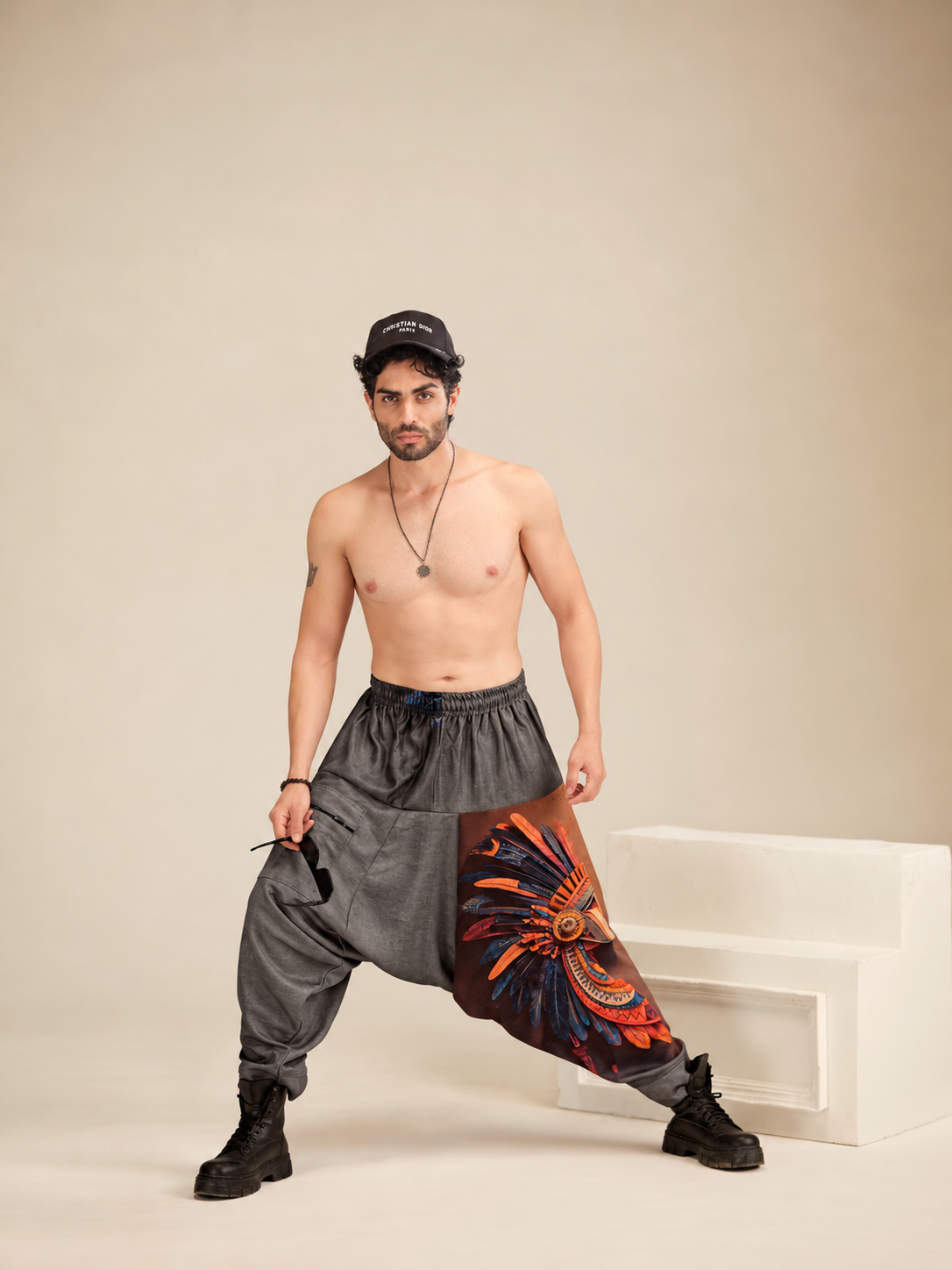 Men's grey baggy harem pants with orange and blue feather headdress print