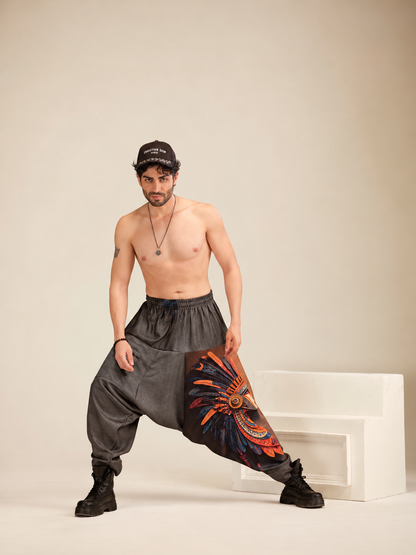 Grey drop crotch harem pants for men with one-side print