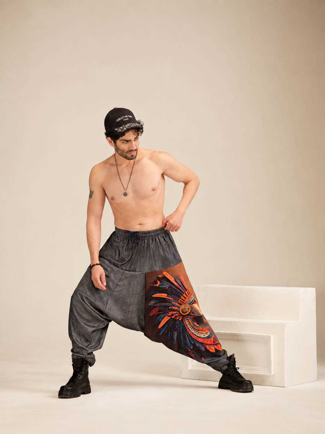 One-side feather print harem pants for men in charcoal grey