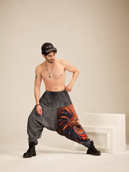 One-side feather print harem pants for men in charcoal grey