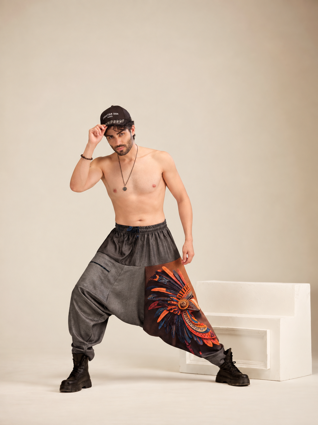Grey baggy harem pants for men with elastic waist and zip pocket