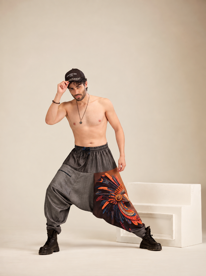 Grey baggy harem pants for men with elastic waist and zip pocket