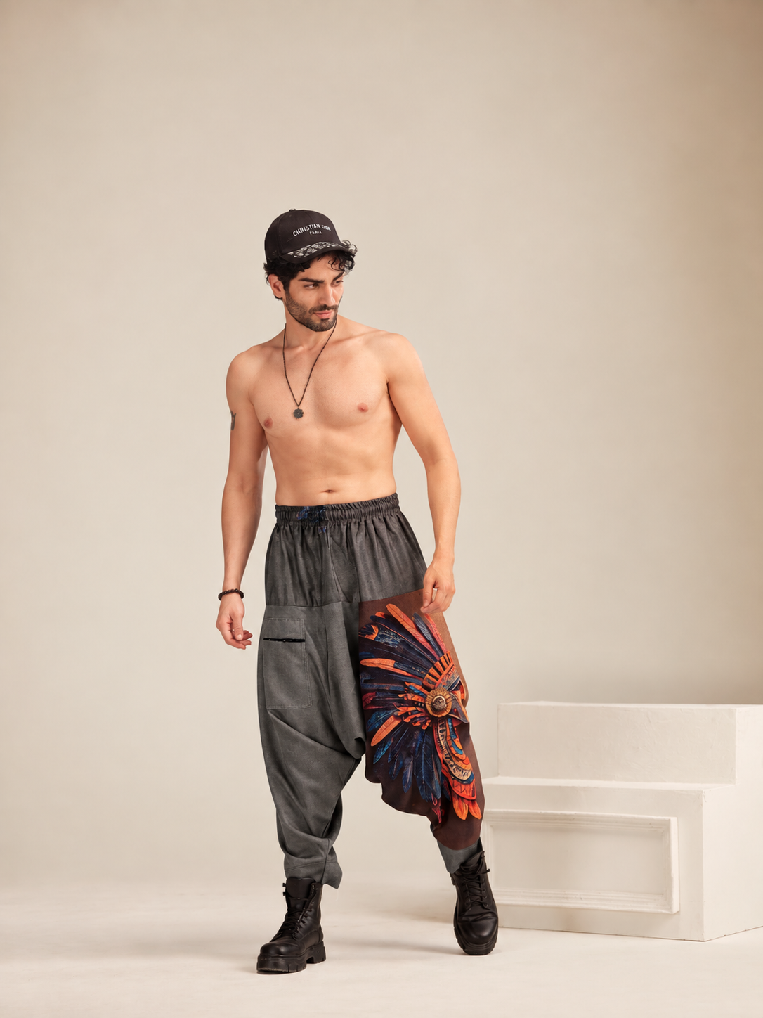 Grey feather print harem pants for men for dance and travel