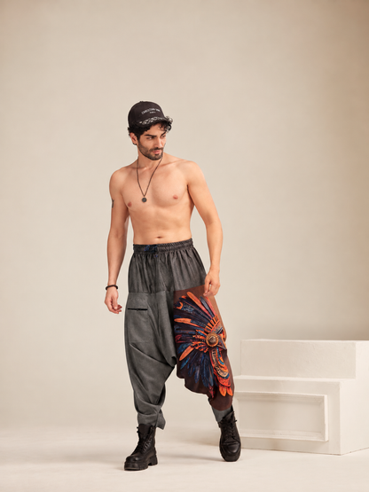 Grey feather print harem pants for men for dance and travel