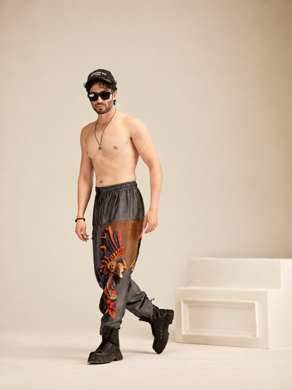Unisex grey harem pants with one-side feather warrior print