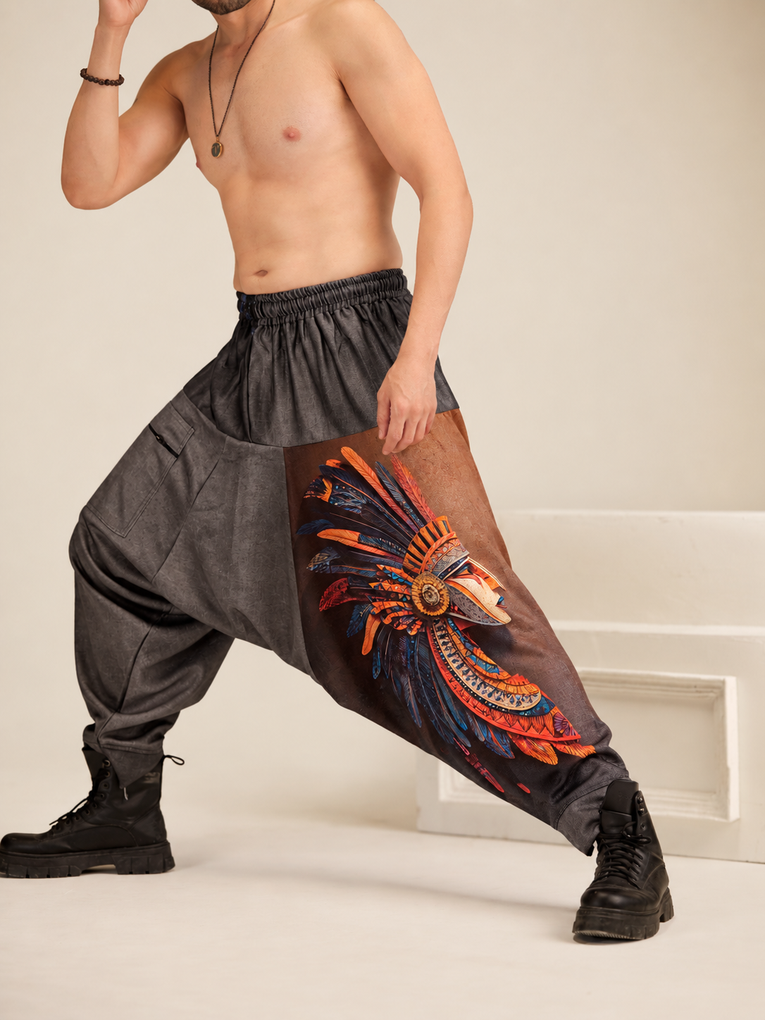 Grey harem pants for men with one-side feather warrior print - H137