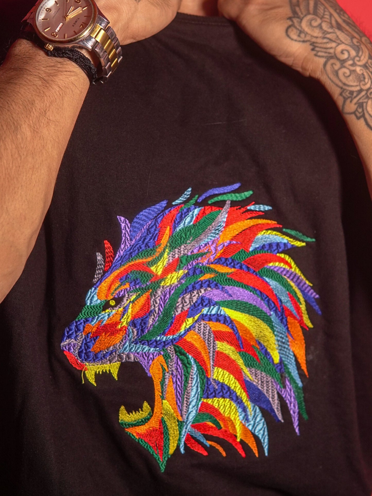 Men's Lion Embroidered Oversized Cotton T-Shirt | Heavy Threadwork | Black