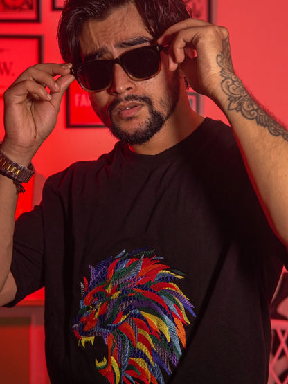 Men's Lion Embroidered Oversized Cotton T-Shirt | Heavy Threadwork | Black