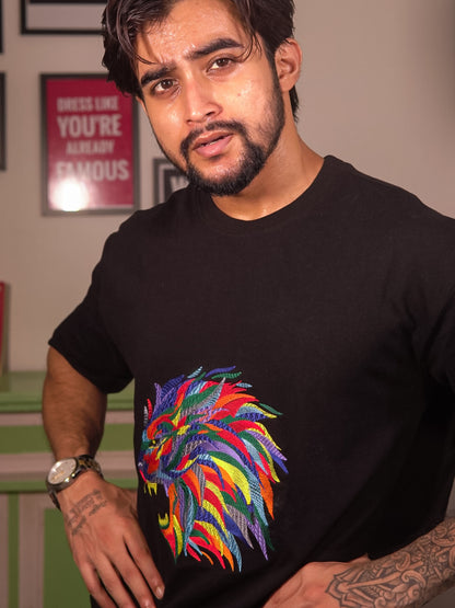 Men's Lion Embroidered Oversized Cotton T-Shirt | Heavy Threadwork | Black
