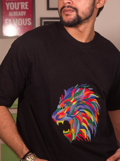 Men's Lion Embroidered Oversized Cotton T-Shirt | Heavy Threadwork | Black