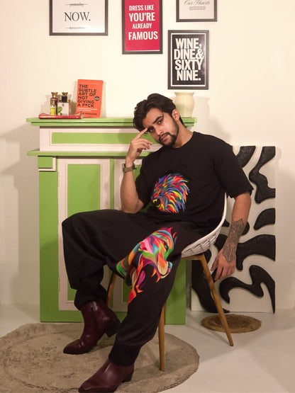 Men's Lion Embroidered Oversized Cotton T-Shirt | Heavy Threadwork | Black