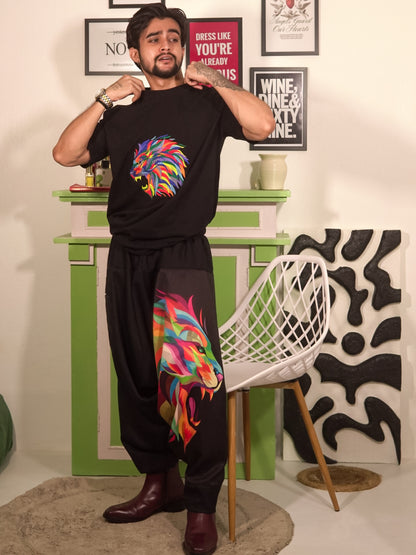 Men's Lion Embroidered Oversized Cotton T-Shirt | Heavy Threadwork | Black