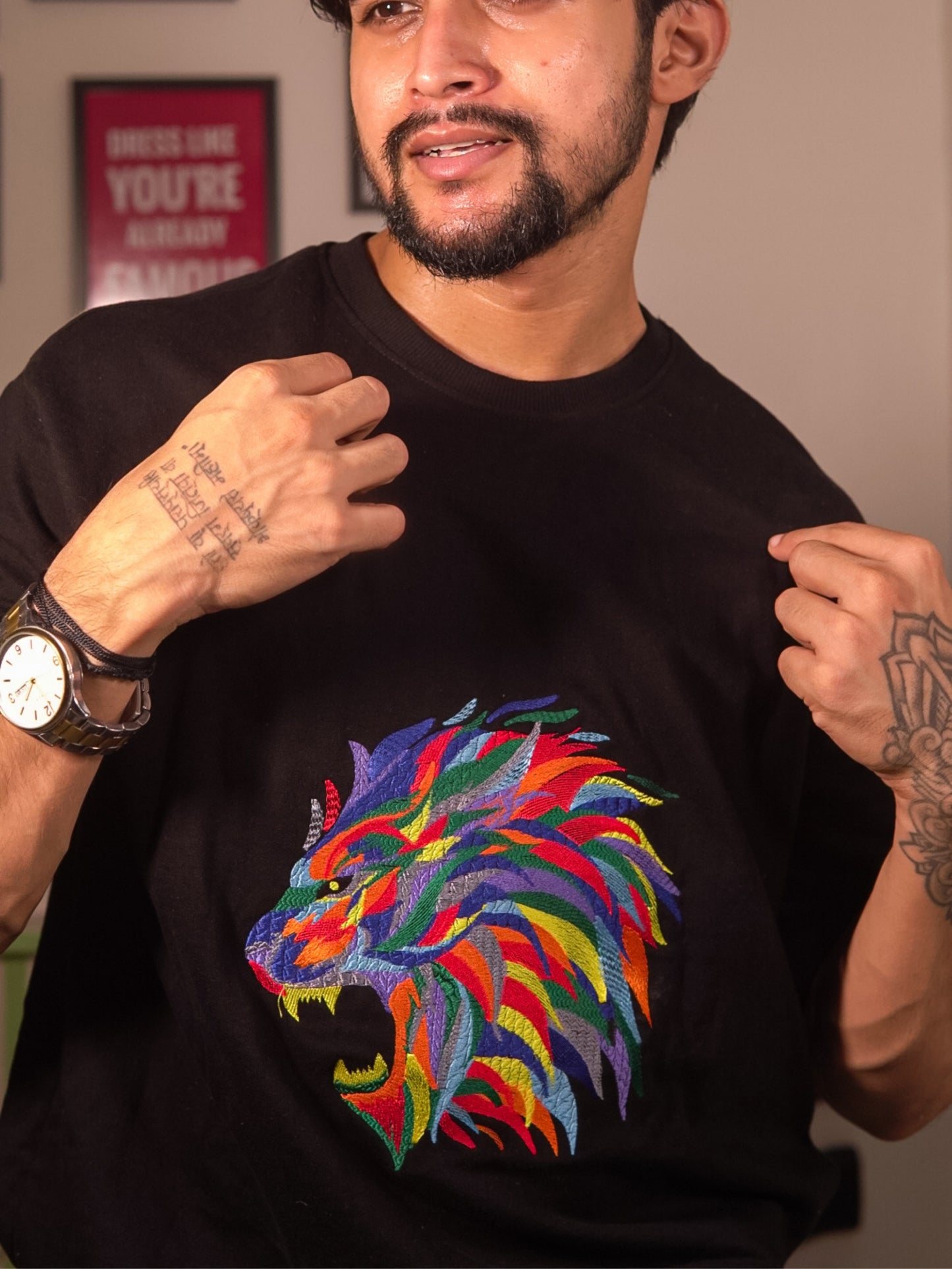 Men's Lion Embroidered Oversized Cotton T-Shirt | Heavy Threadwork | Black