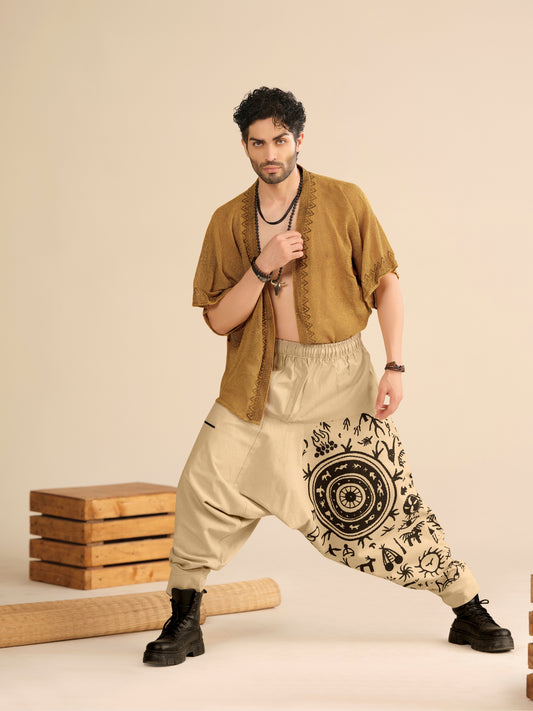 Men’s beige cotton harem pants with tribal mandala print, breathable fabric for yoga, travel and boho ethnic wear.