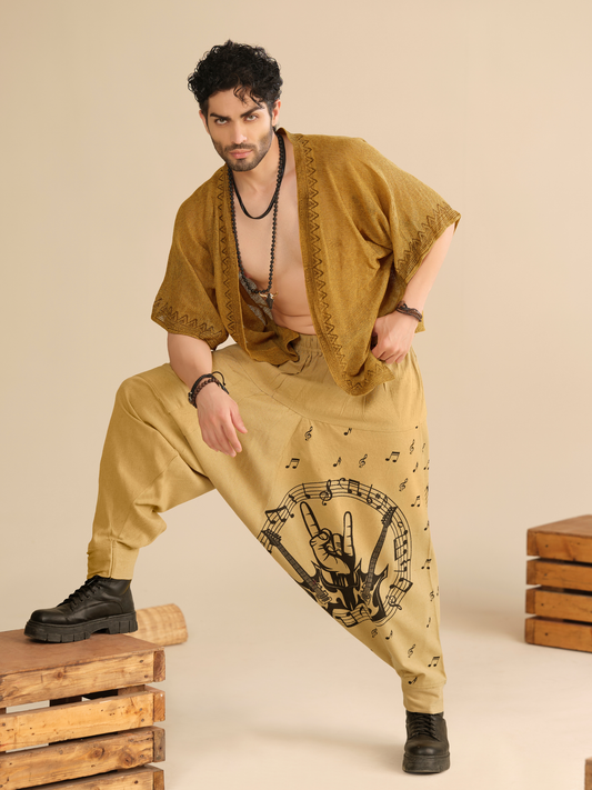 Men's Pure Cotton Harem Pants – Music Print Linen Texture Dance Travel Yoga