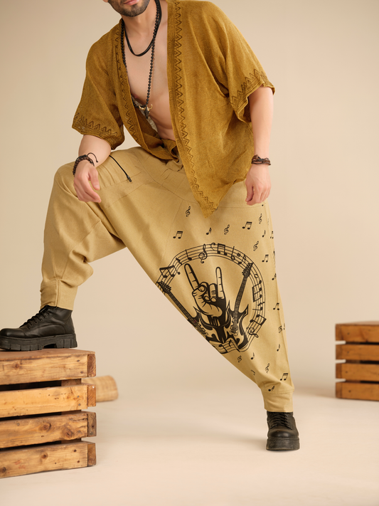 Men's Pure Cotton Harem Pants – Music Print Linen Texture Dance Travel Yoga