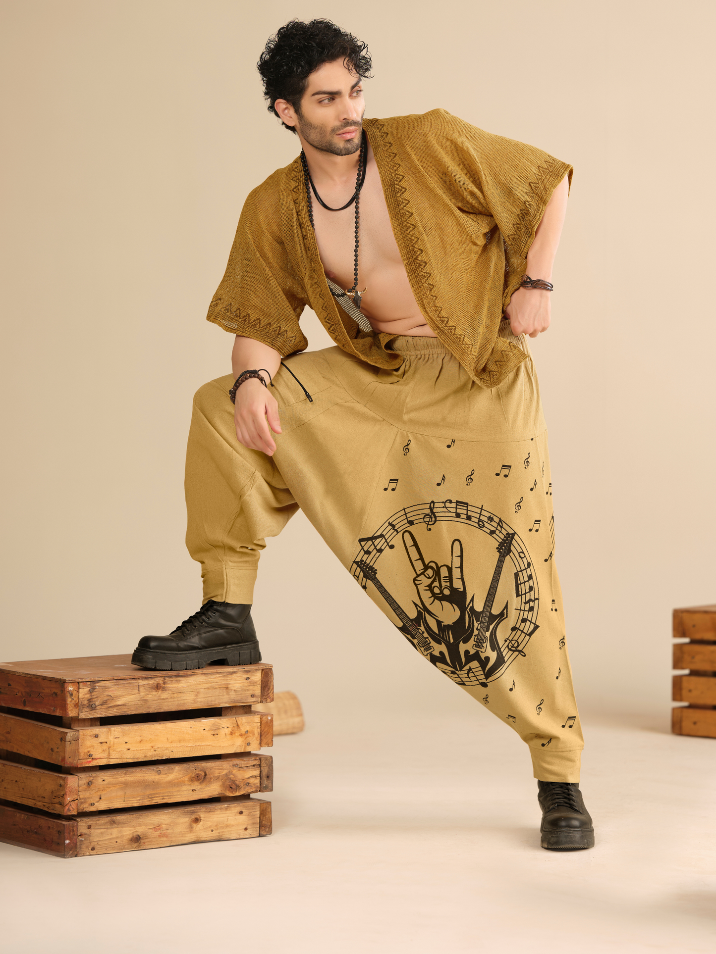 Men's Pure Cotton Harem Pants – Music Print Linen Texture Dance Travel Yoga