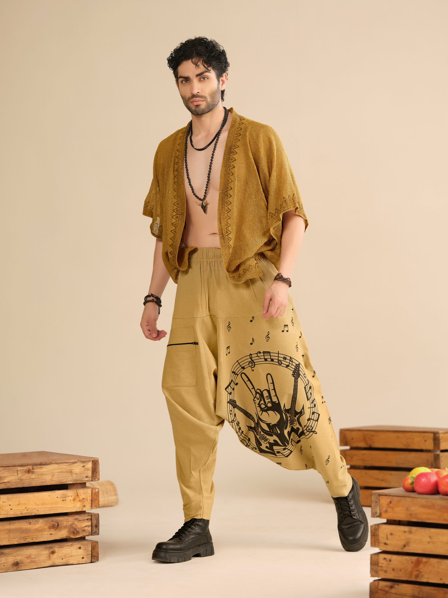 Men's Pure Cotton Harem Pants – Music Print Linen Texture Dance Travel Yoga