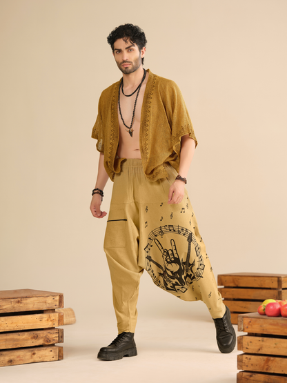 Men's Pure Cotton Harem Pants – Music Print Linen Texture Dance Travel Yoga