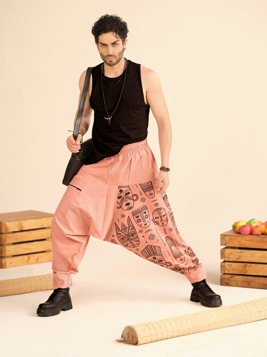 Men’s Cotton Harem Pants – Tribal Mask Print Boho Travel Dance Yoga & Fashion