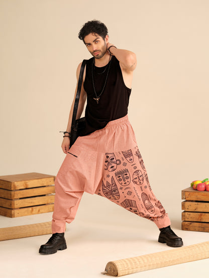 Men’s Cotton Harem Pants – Tribal Mask Print Boho Travel Dance Yoga & Fashion