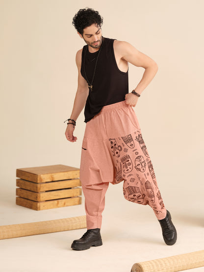 Men’s Cotton Harem Pants – Tribal Mask Print Boho Travel Dance Yoga & Fashion