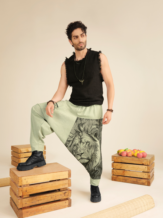 Lion Print Men's Cotton Harem Pants – Pure Cotton Linen Texture For Yoga Travel