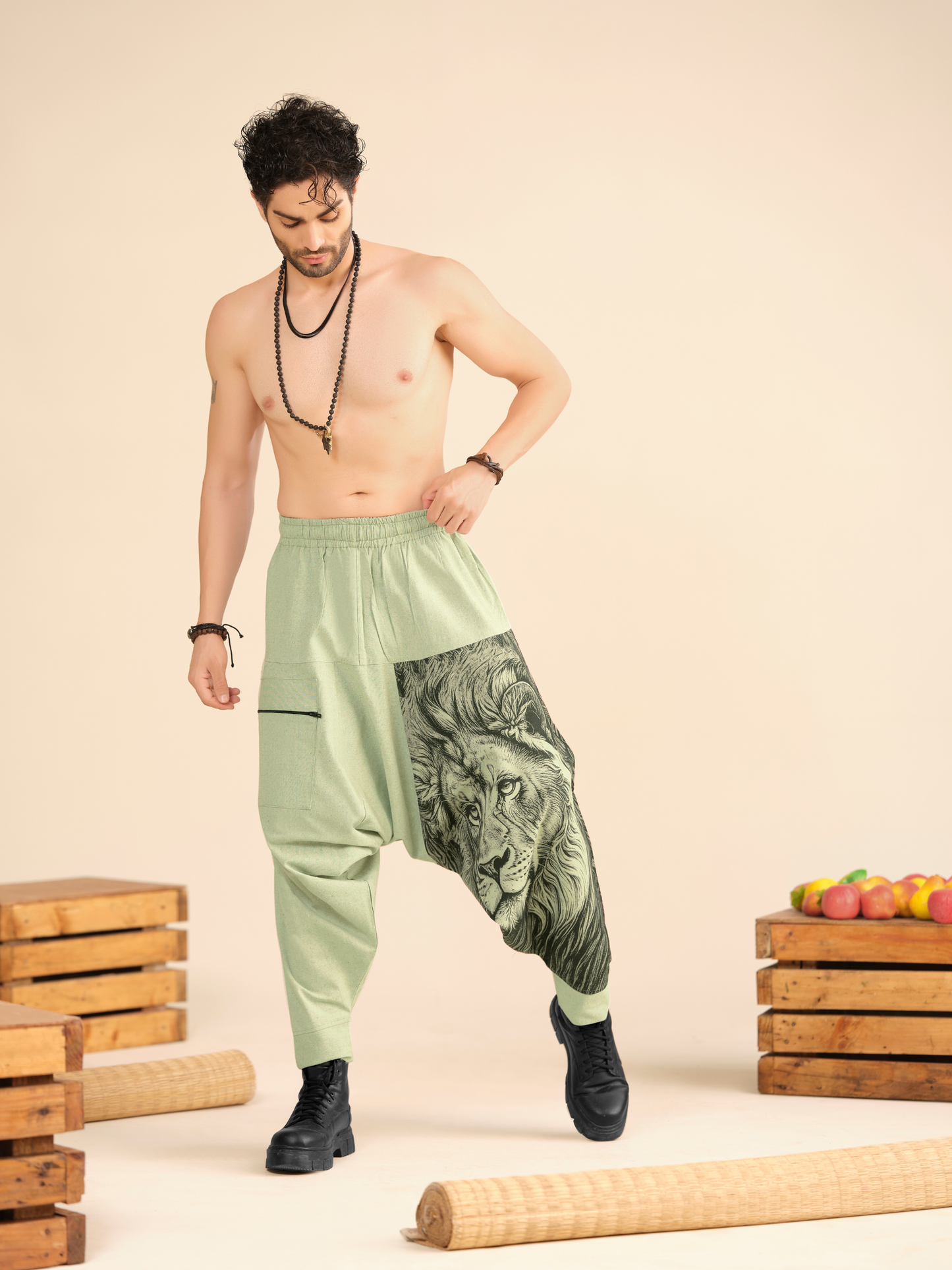 Lion Print Men's Cotton Harem Pants – Pure Cotton Linen Texture For Yoga Travel