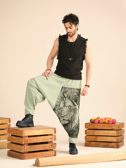 Lion Print Men's Cotton Harem Pants – Pure Cotton Linen Texture For Yoga Travel