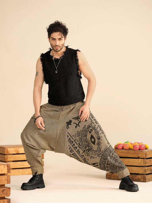 Men’s earthy tone cotton harem pants with tribal mandala eye print, breathable fabric for yoga, travel and boho style.