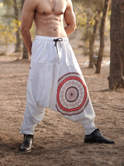 White Mandala Printed Men’s Harem Pants – Free Size Comfort Fit for Dance, Yoga & Travel