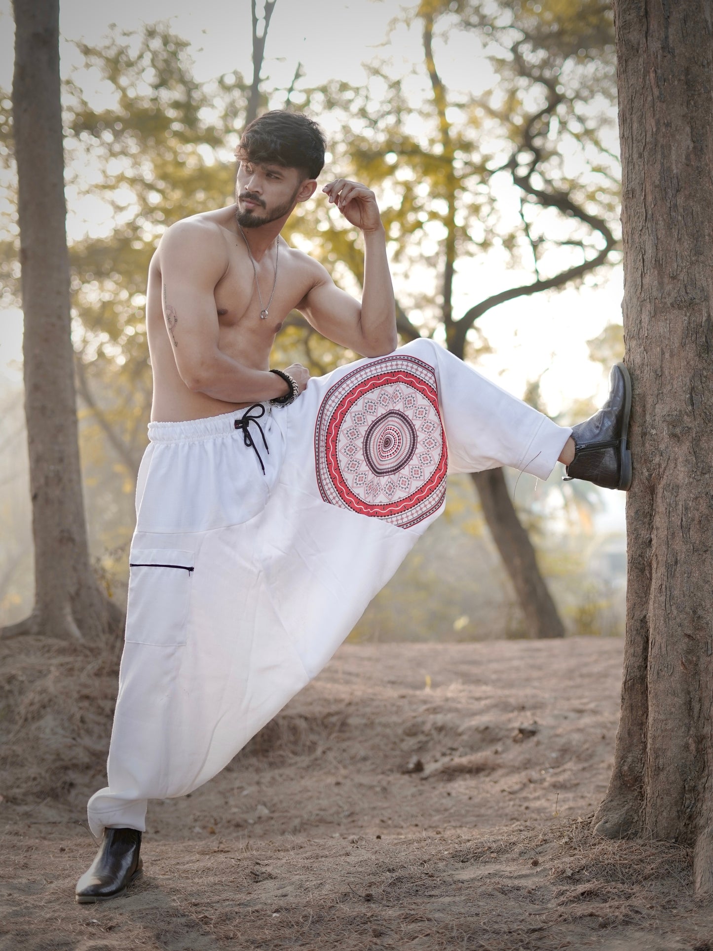 White Mandala Printed Men’s Harem Pants – Free Size Comfort Fit for Dance, Yoga & Travel
