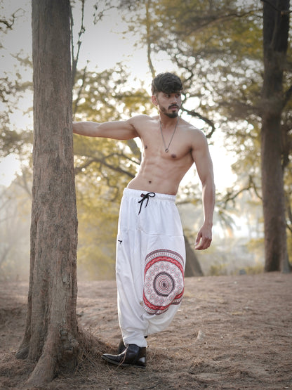 White Mandala Printed Men’s Harem Pants – Free Size Comfort Fit for Dance, Yoga & Travel