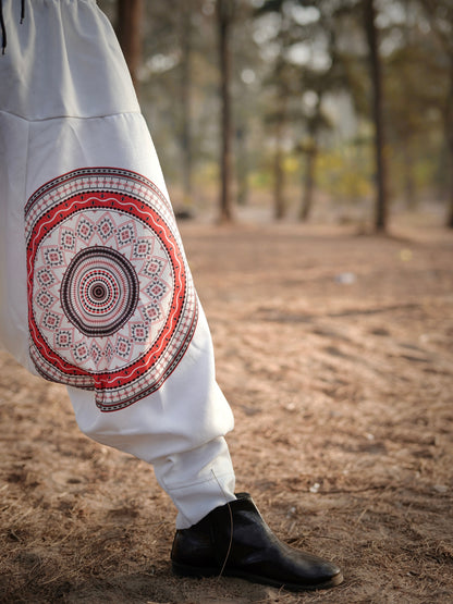 White Mandala Printed Men’s Harem Pants – Free Size Comfort Fit for Dance, Yoga & Travel