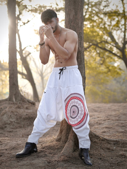 White Mandala Printed Men’s Harem Pants – Free Size Comfort Fit for Dance, Yoga & Travel