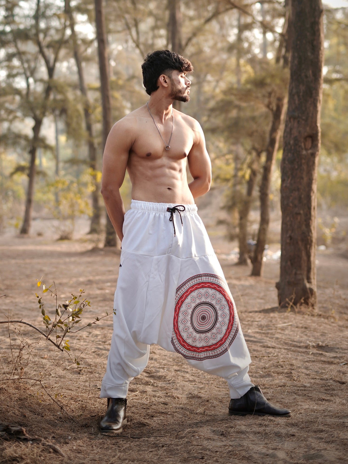 White Mandala Printed Men’s Harem Pants – Free Size Comfort Fit for Dance, Yoga & Travel