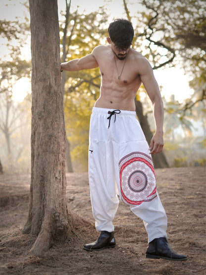 White Mandala Printed Men’s Harem Pants – Free Size Comfort Fit for Dance, Yoga & Travel