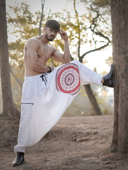 White Mandala Printed Men’s Harem Pants – Free Size Comfort Fit for Dance, Yoga & Travel