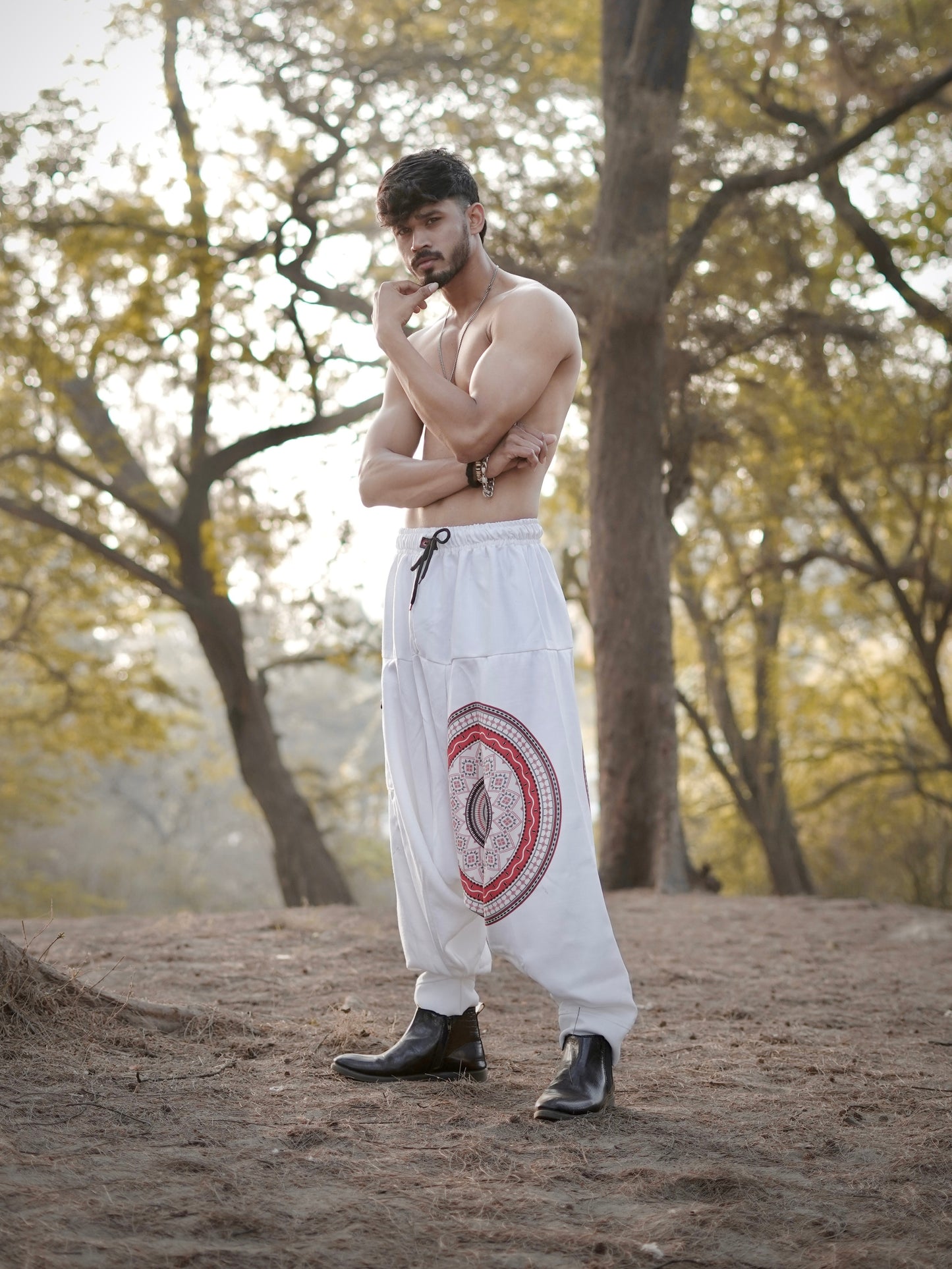 White Mandala Printed Men’s Harem Pants – Free Size Comfort Fit for Dance, Yoga & Travel