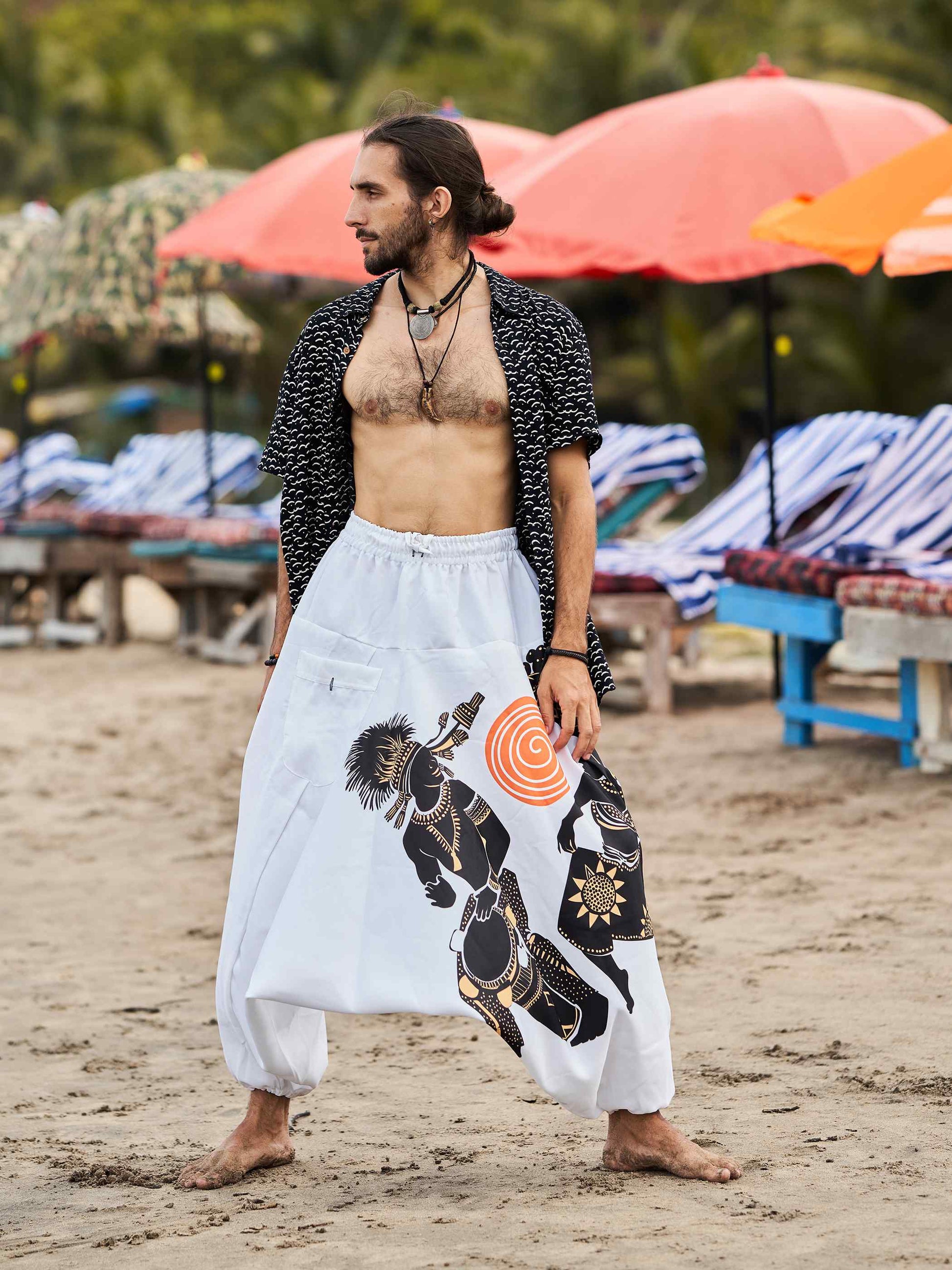 Buy Men's Tribal Playing Drum Print Baggy Balloon Aladdin Harem Pants