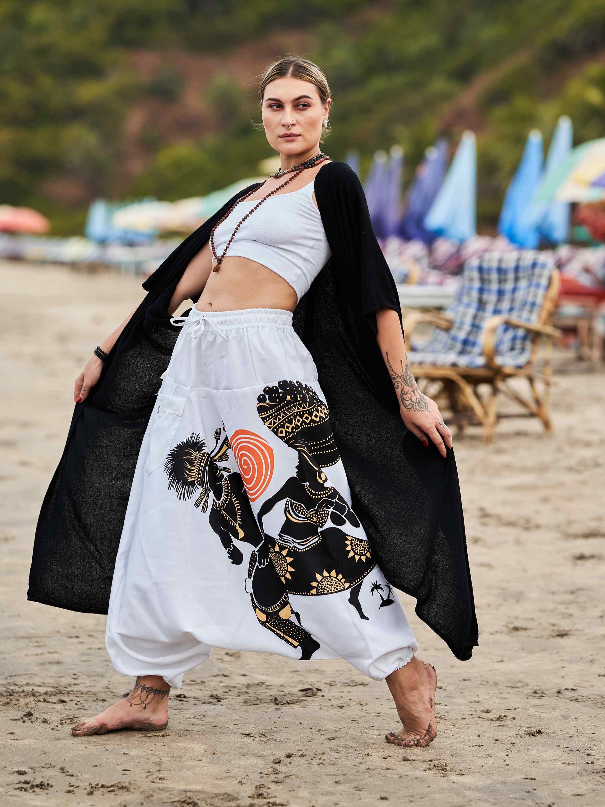 Buy Women's Tribal Playing Drum Print Baggy Balloon Aladdin Harem Pants